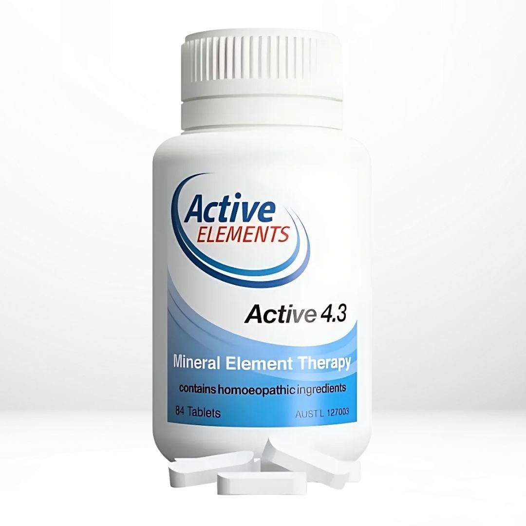 Bottle of Active Elements Active 4.3 mineral element therapy on a white background
