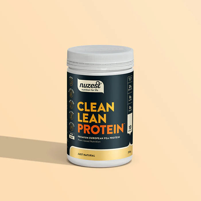 Nuzest Clean Lean Protein container on a beige background