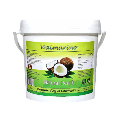 A 4l bucket of Waimarino Organic Coconut oil on a neutral background
