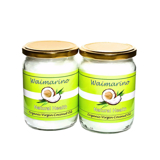 Two jars on a neutral background. Both jars labelled with Waimarino Natural Health - Organic Virgin Coconut Oil.