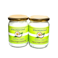 Two jars on a neutral background. Both jars labelled with Waimarino Natural Health - Organic Virgin Coconut Oil.