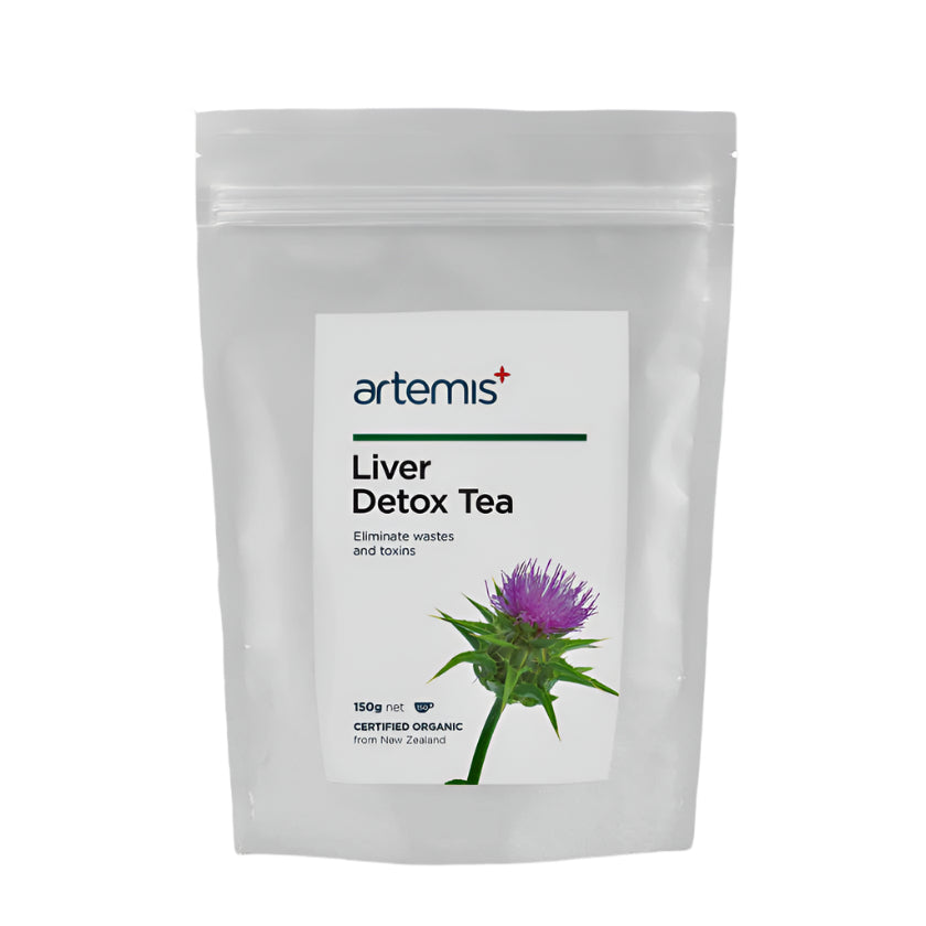 Artemis Liver Detox Tea packet with label featuring milk thistle on plain white background