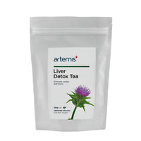 Artemis Liver Detox Tea packet with label featuring milk thistle on plain white background